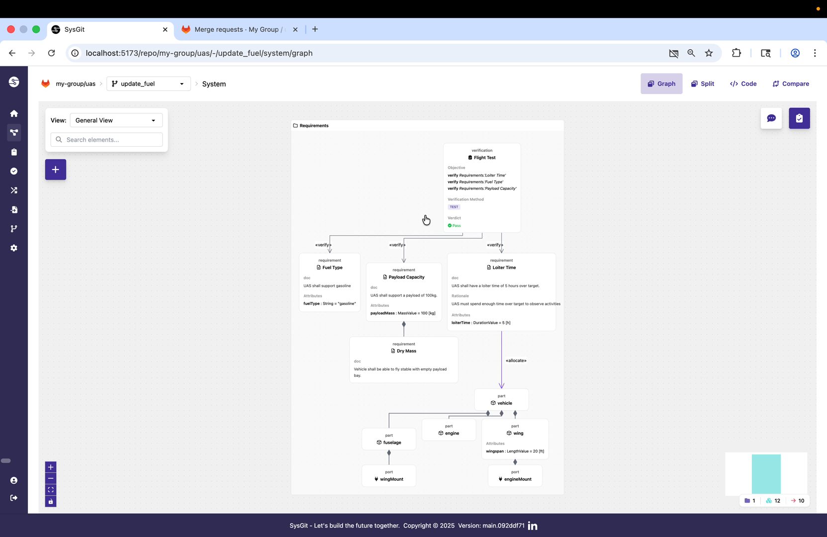 Navigating to fuel system requirements in graph view